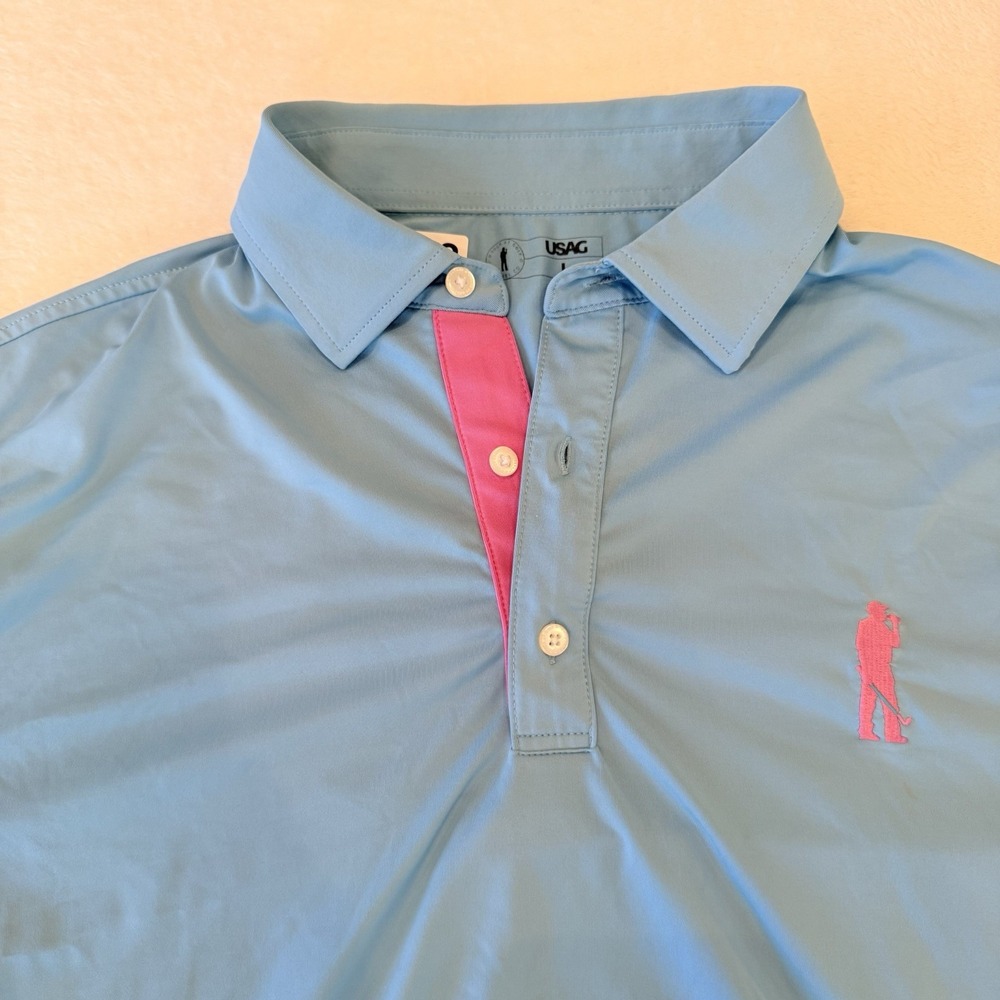 USAG U Suck at‎ Golf Polo Shirt Men's Large Blue Performance Stretch Casual Beer